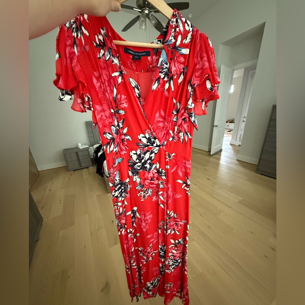 French Connection Red and White Ruffled Maxi Dress
